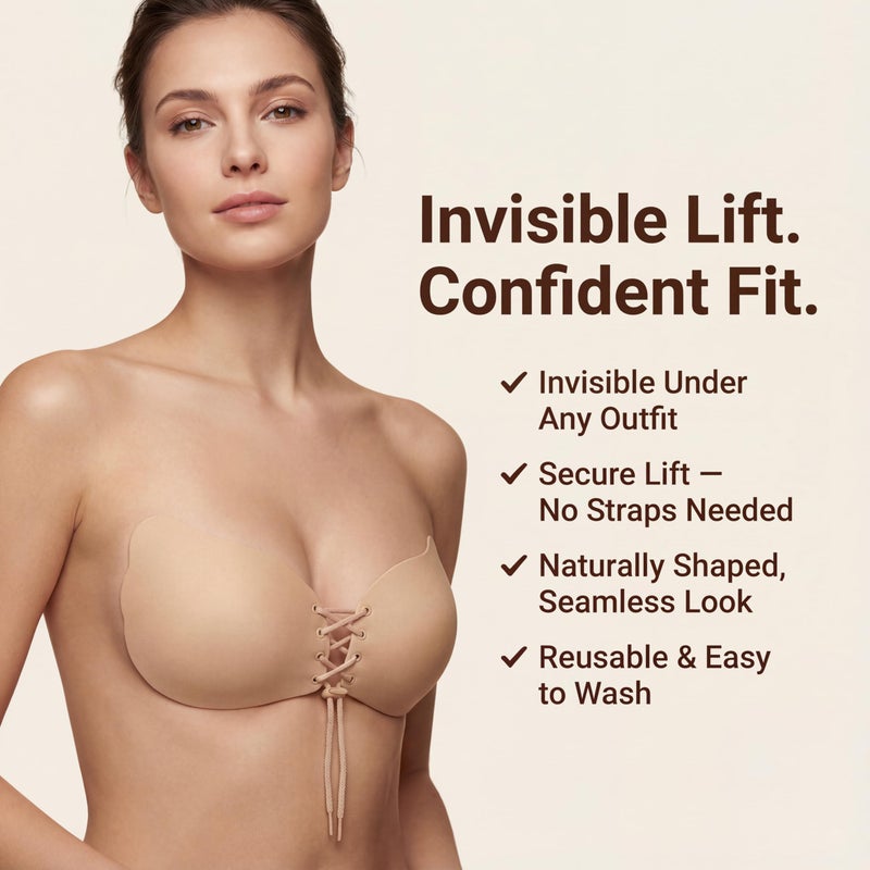 umooie Sticky Bra 2 Pairs Backless, Strapless, Adhesive, Invisible, Push up Bra for Women Stick on, Black and Nude, A Cup - Image 2